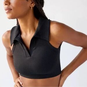 Year of Ours- Black Ribbed Collared Gabriella Cropped Workout Sleeveless Top